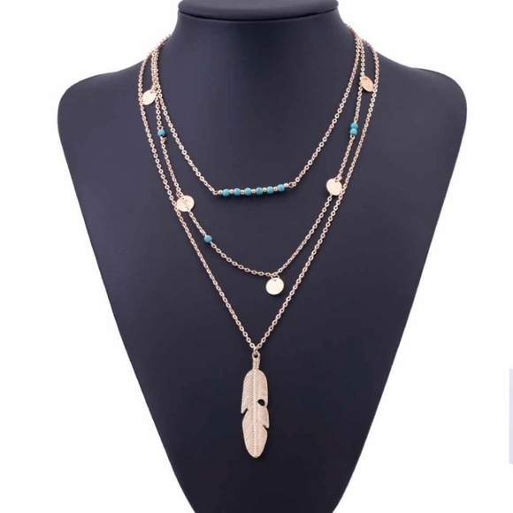 Chic Long Layered 3-Layered Fashion Feather Turquoise Boho Southwestern Necklace - Picture 3 of 5